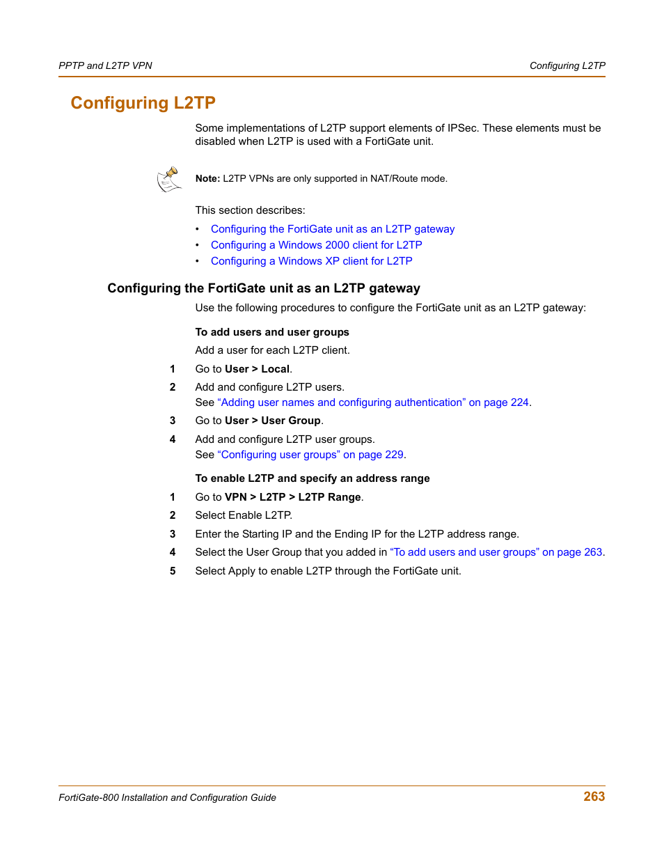 Configuring l2tp, Configuring the fortigate unit as an l2tp gateway | Fortinet FortiGate-800 User Manual | Page 263 / 336