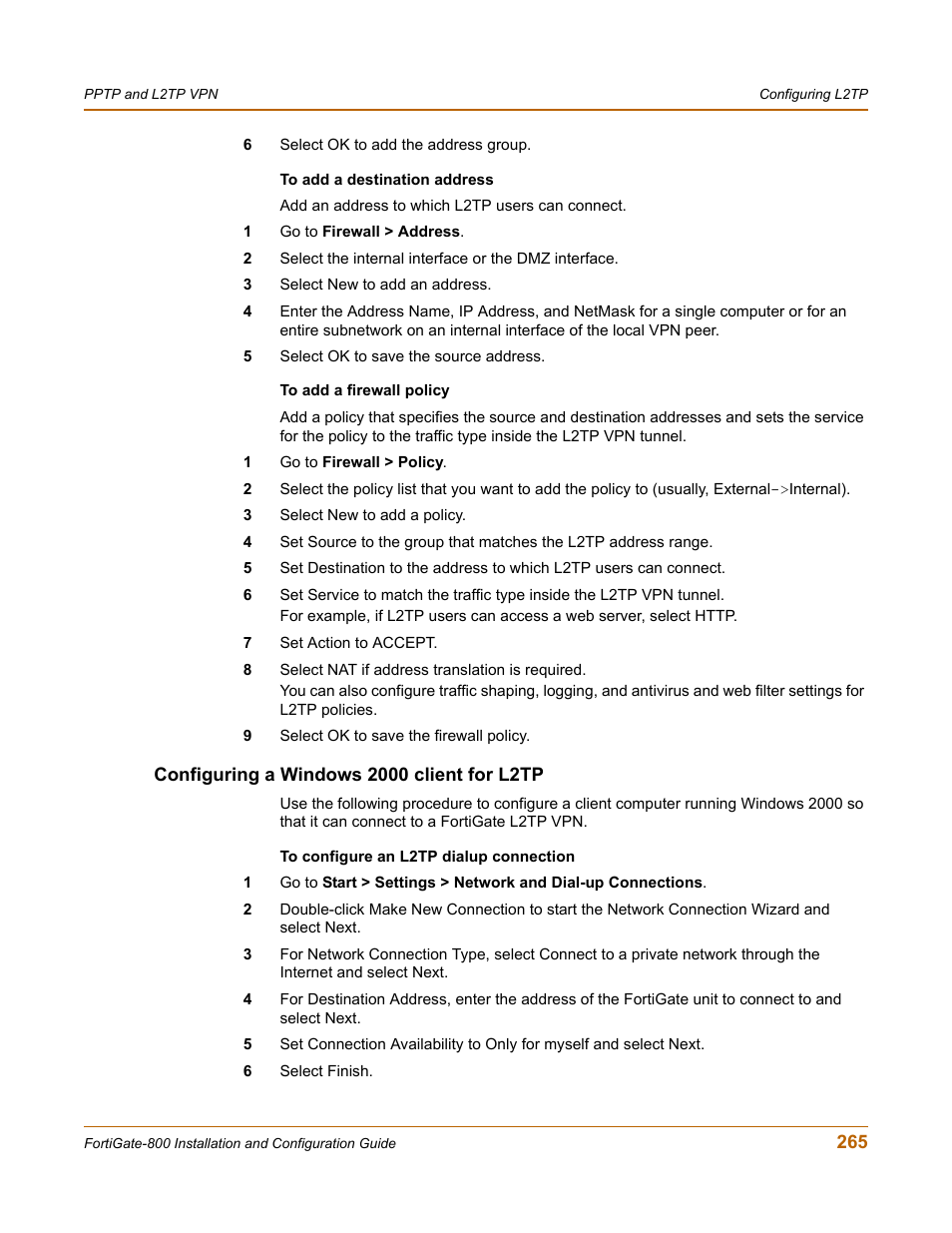 Configuring a windows 2000 client for l2tp | Fortinet FortiGate-800 User Manual | Page 265 / 336