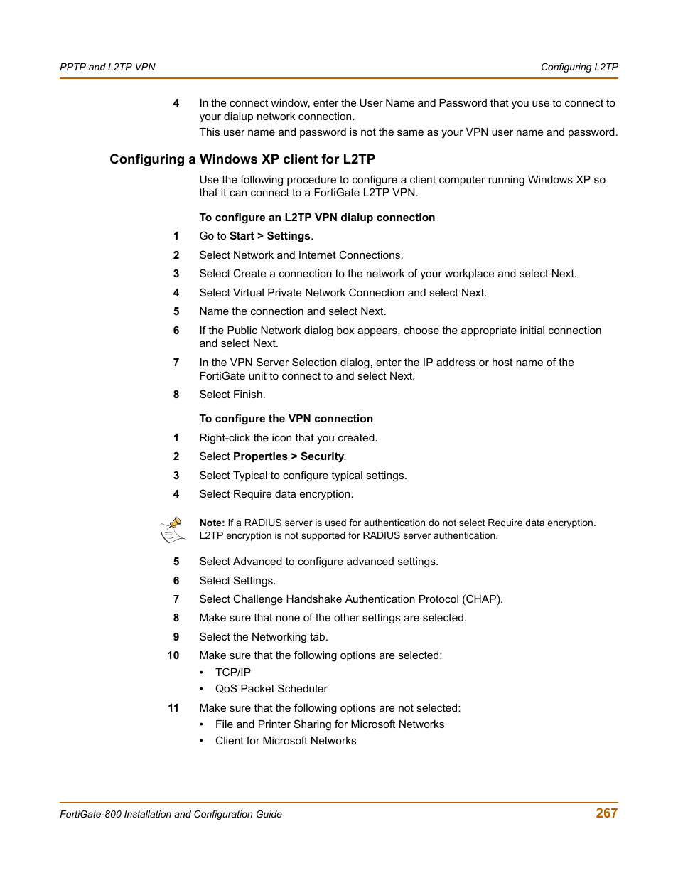 Configuring a windows xp client for l2tp | Fortinet FortiGate-800 User Manual | Page 267 / 336