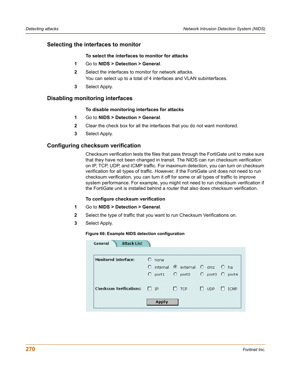 Selecting the interfaces to monitor, Disabling monitoring interfaces, Configuring checksum verification | Fortinet FortiGate-800 User Manual | Page 270 / 336