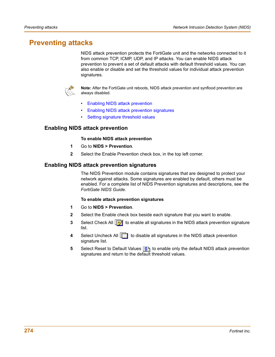 Preventing attacks, Enabling nids attack prevention, Enabling nids attack prevention signatures | Fortinet FortiGate-800 User Manual | Page 274 / 336