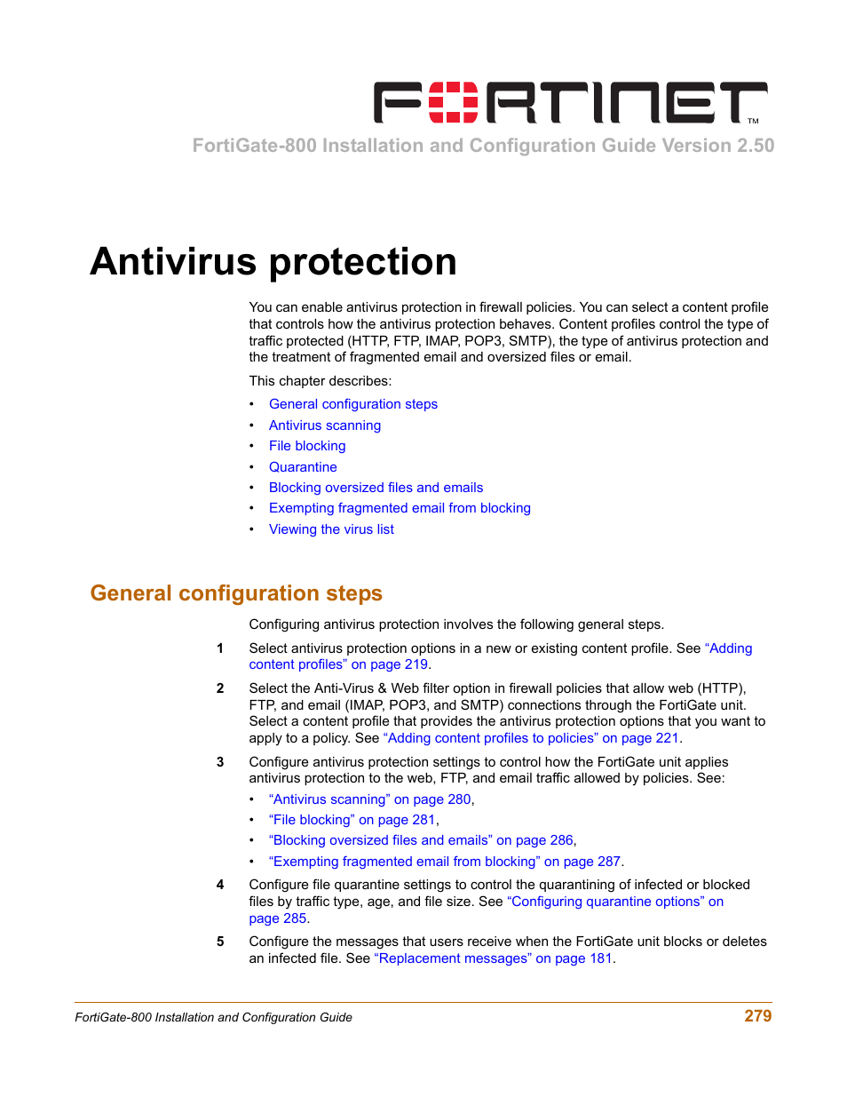 Antivirus protection, General configuration steps | Fortinet FortiGate-800 User Manual | Page 279 / 336