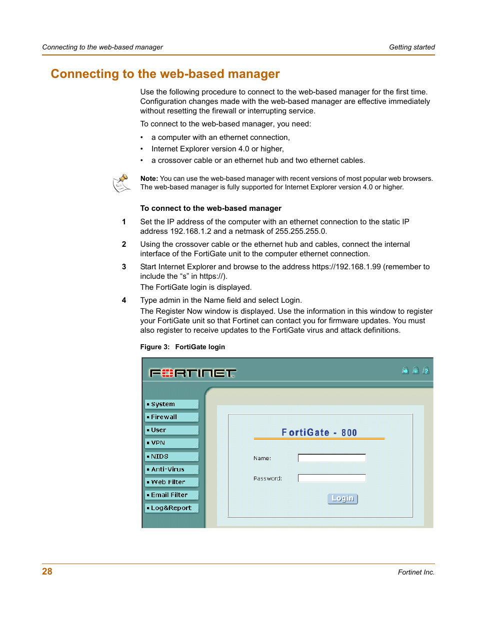 Connecting to the web-based manager | Fortinet FortiGate-800 User Manual | Page 28 / 336