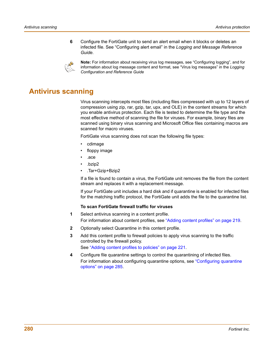 Antivirus scanning, Antivirus | Fortinet FortiGate-800 User Manual | Page 280 / 336