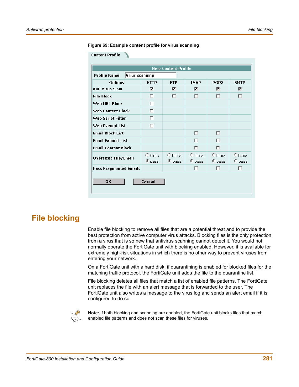 File blocking, Ct it. see, File blocking” on | Fortinet FortiGate-800 User Manual | Page 281 / 336