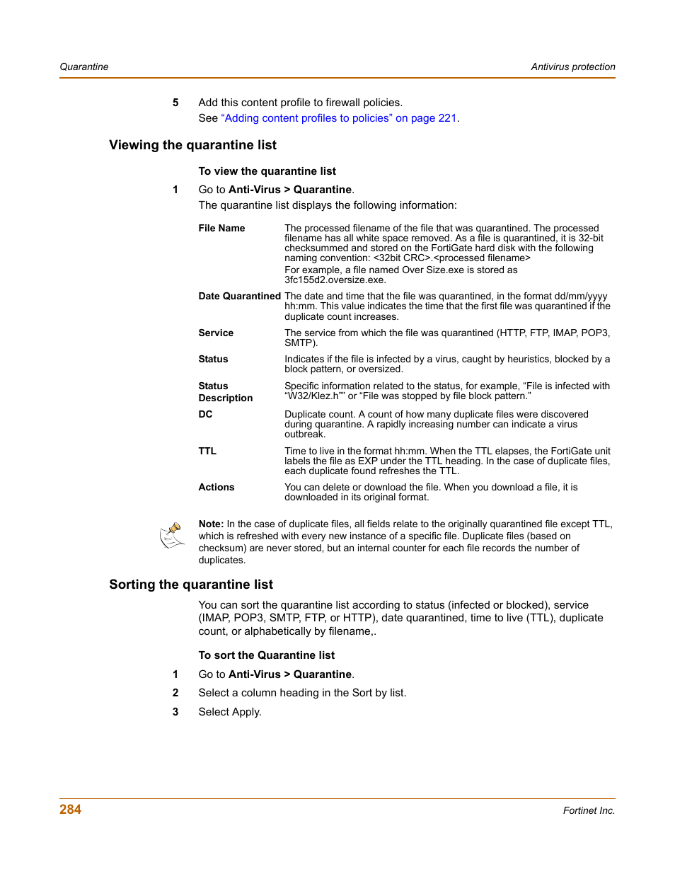 Viewing the quarantine list, Sorting the quarantine list | Fortinet FortiGate-800 User Manual | Page 284 / 336