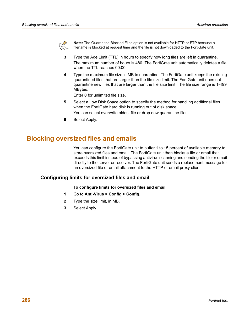 Blocking oversized files and emails, Configuring limits for oversized files and email | Fortinet FortiGate-800 User Manual | Page 286 / 336