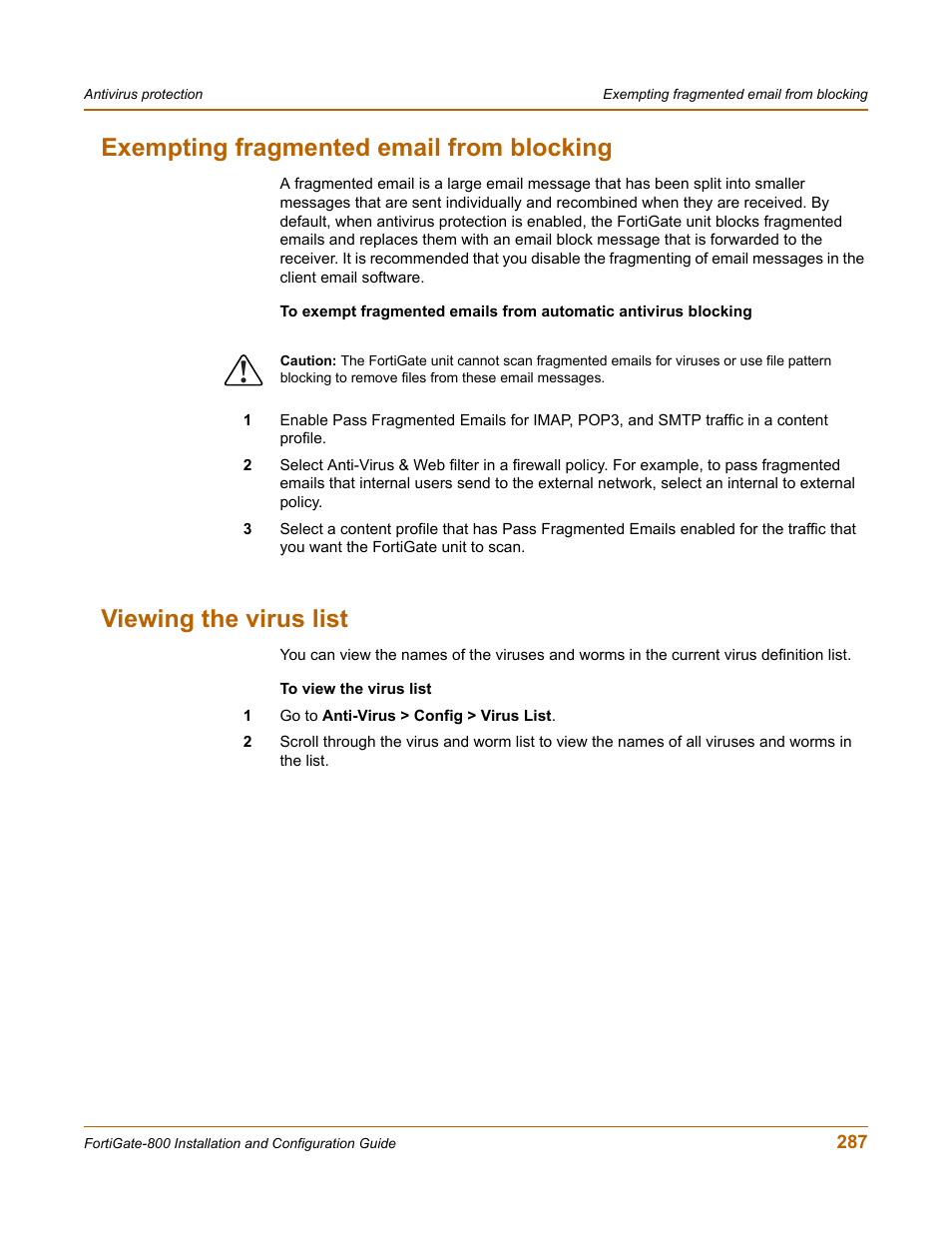 Exempting fragmented email from blocking, Viewing the virus list, Ing. see | Exempting fragmented email from blocking” on | Fortinet FortiGate-800 User Manual | Page 287 / 336