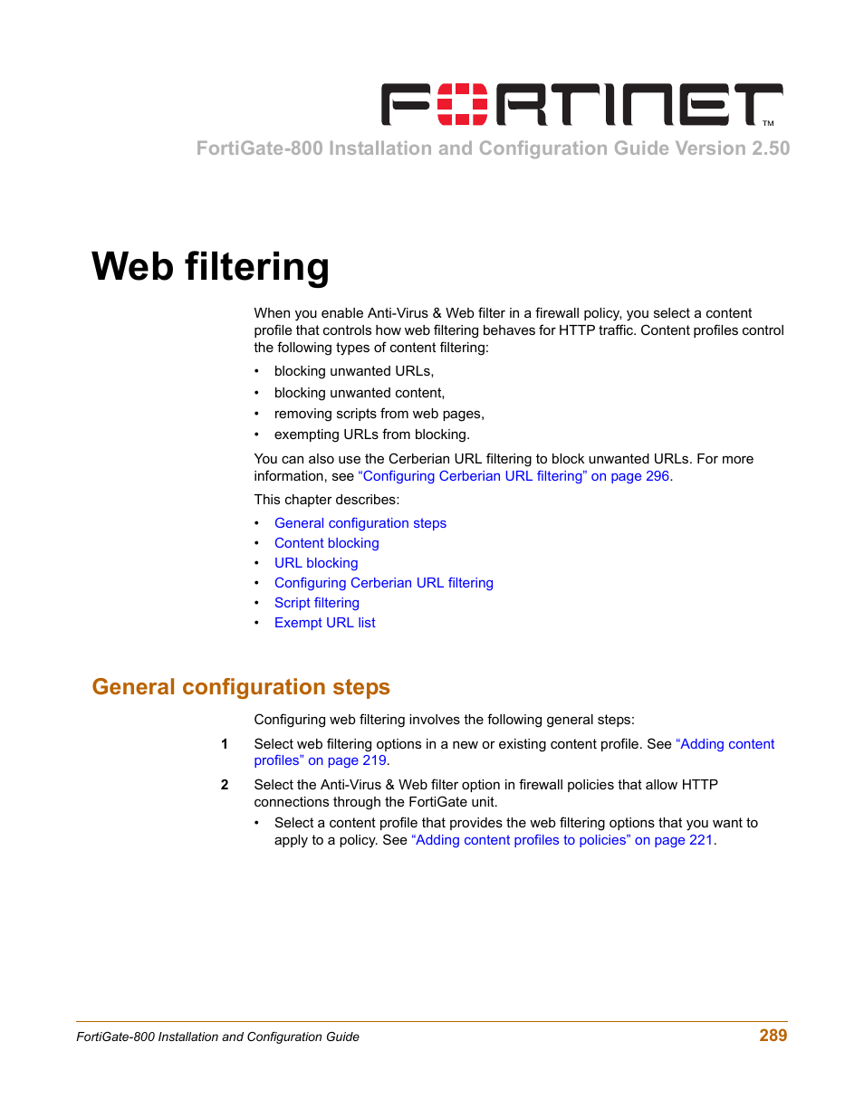 Web filtering, General configuration steps | Fortinet FortiGate-800 User Manual | Page 289 / 336