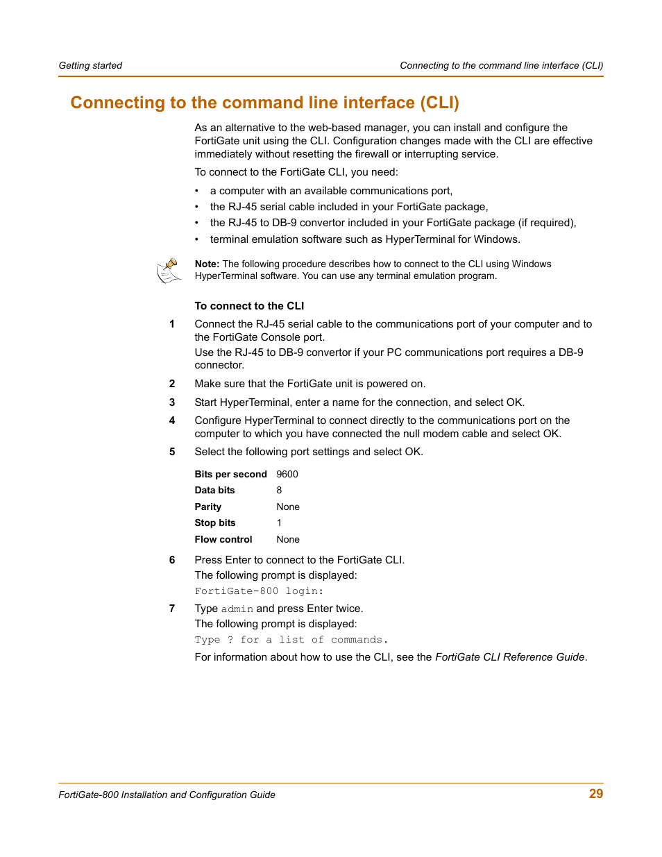 Connecting to the command line interface (cli) | Fortinet FortiGate-800 User Manual | Page 29 / 336