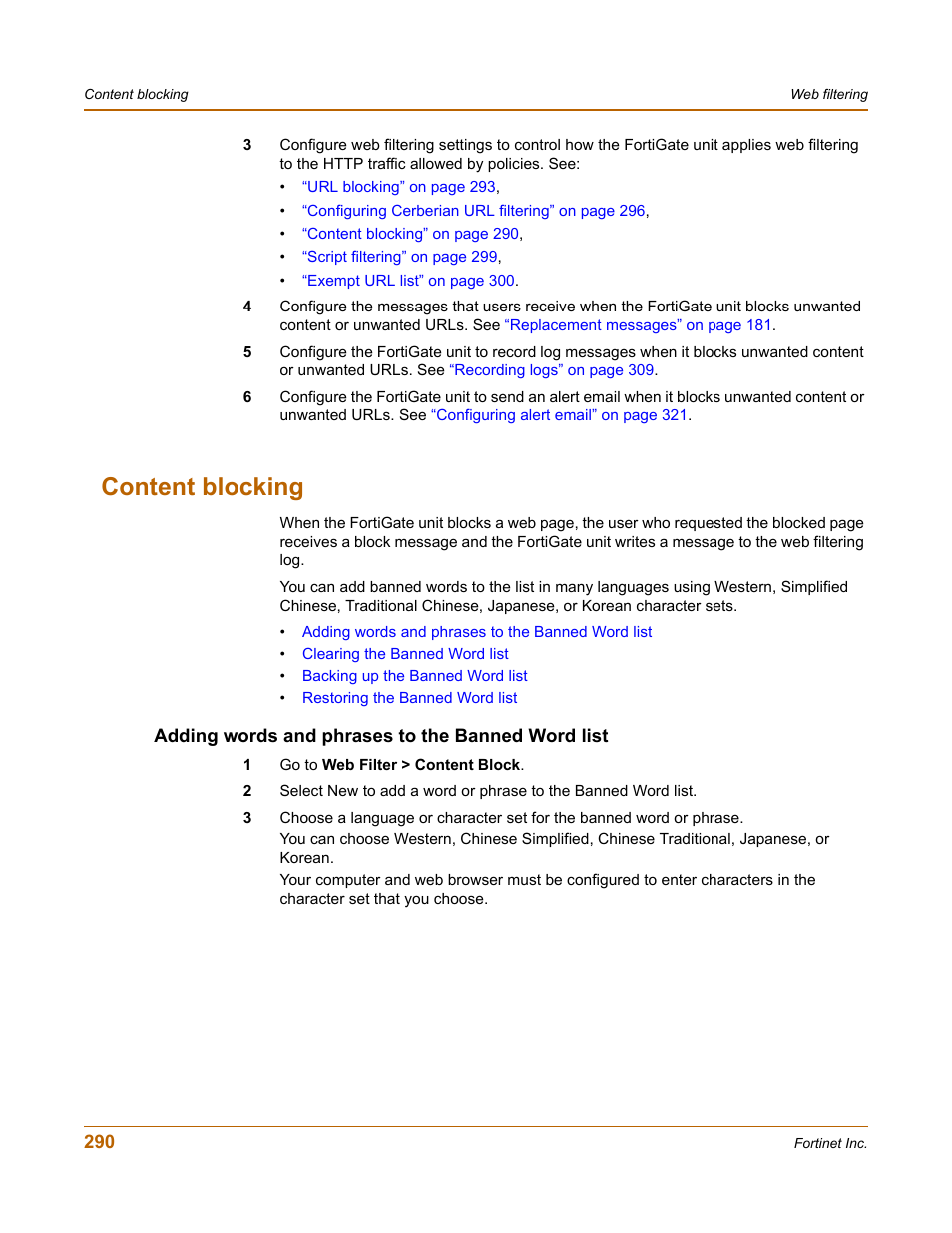 Content blocking, Adding words and phrases to the banned word list | Fortinet FortiGate-800 User Manual | Page 290 / 336