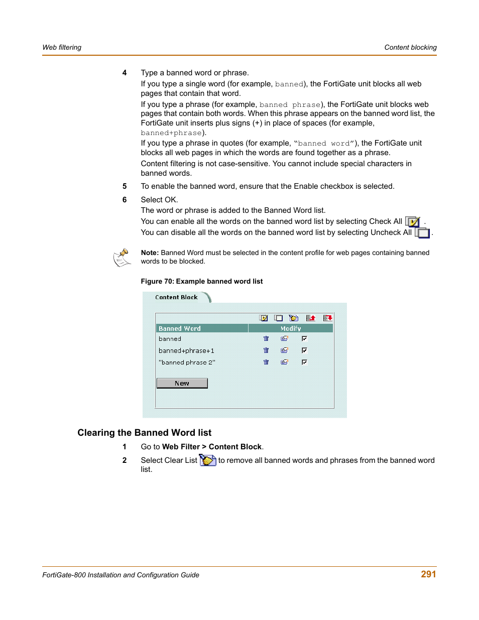 Clearing the banned word list | Fortinet FortiGate-800 User Manual | Page 291 / 336