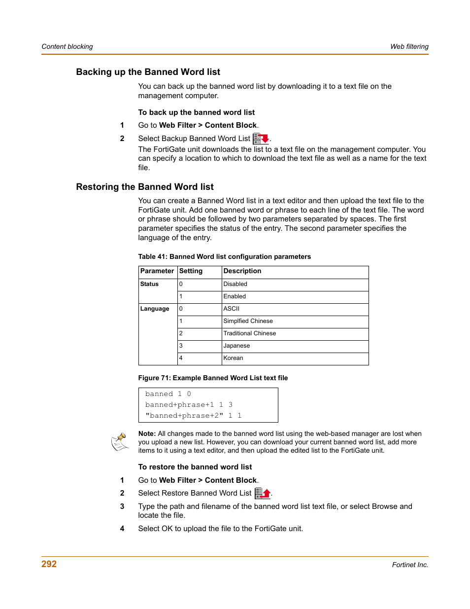 Backing up the banned word list, Restoring the banned word list, Restoring the banned word list” on | Fortinet FortiGate-800 User Manual | Page 292 / 336