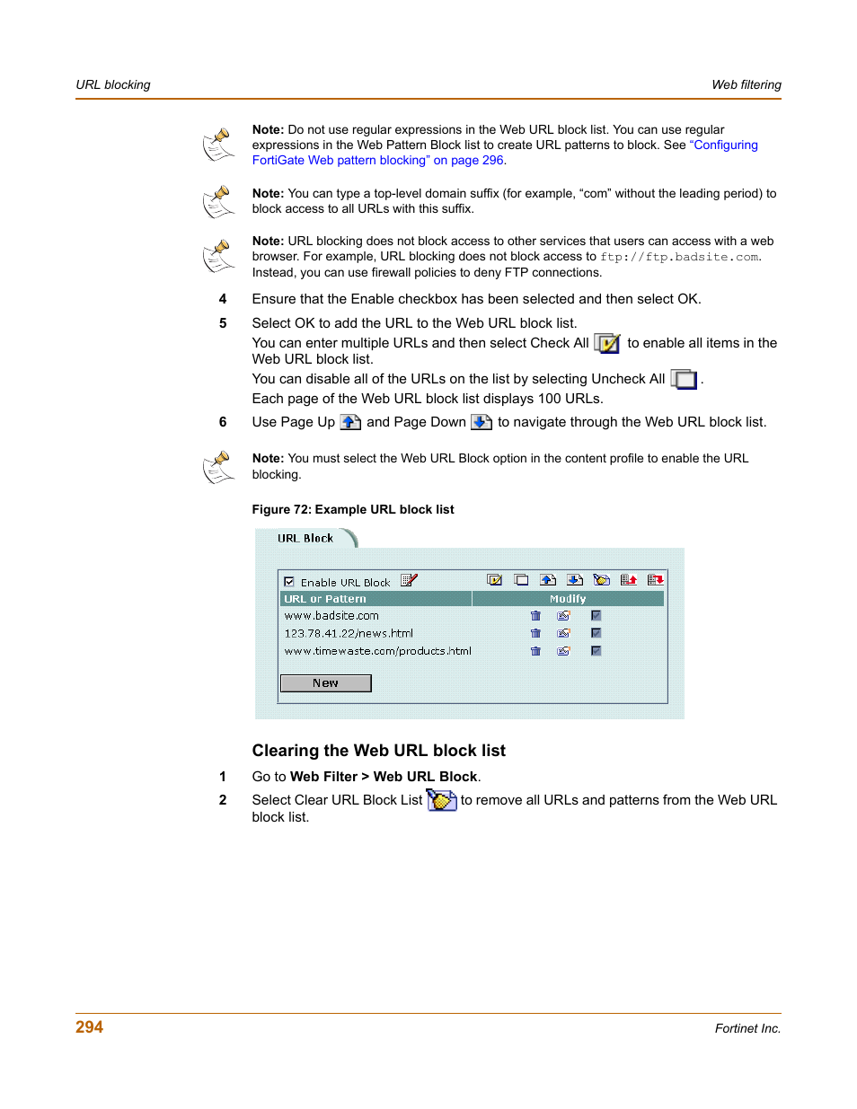 Clearing the web url block list | Fortinet FortiGate-800 User Manual | Page 294 / 336