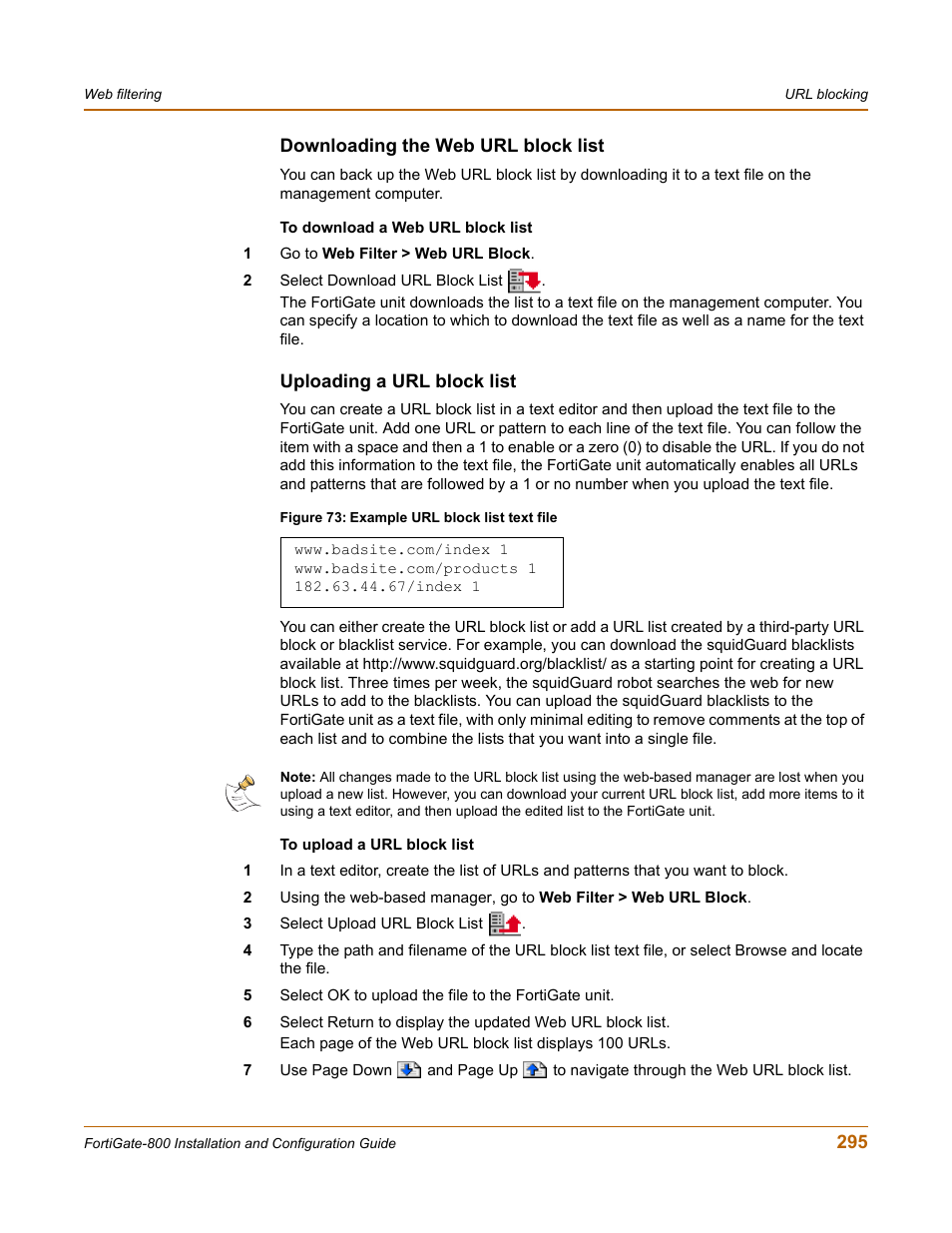 Downloading the web url block list, Uploading a url block list | Fortinet FortiGate-800 User Manual | Page 295 / 336