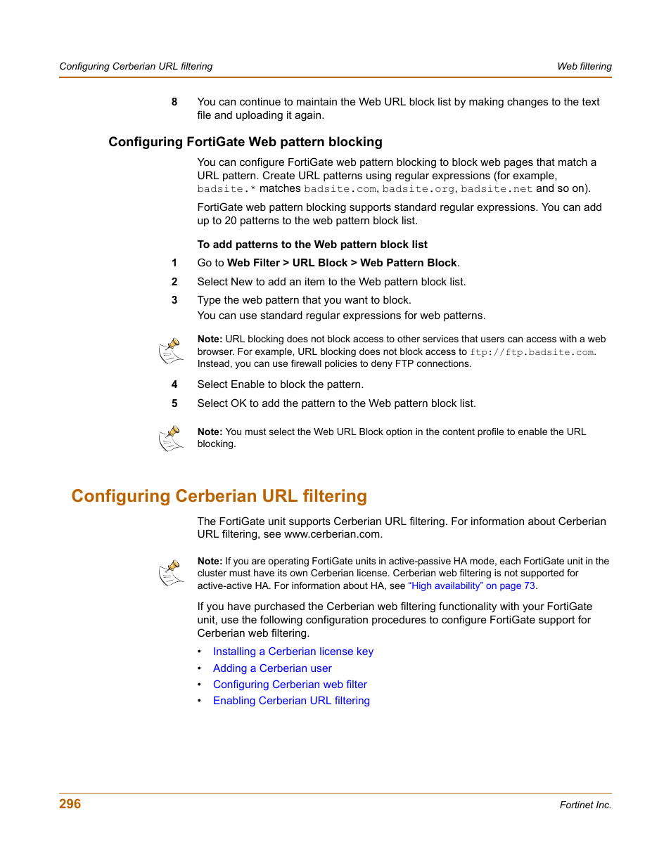 Configuring fortigate web pattern blocking, Configuring cerberian url filtering, Configuring cerberian url filtering” on | Fortinet FortiGate-800 User Manual | Page 296 / 336