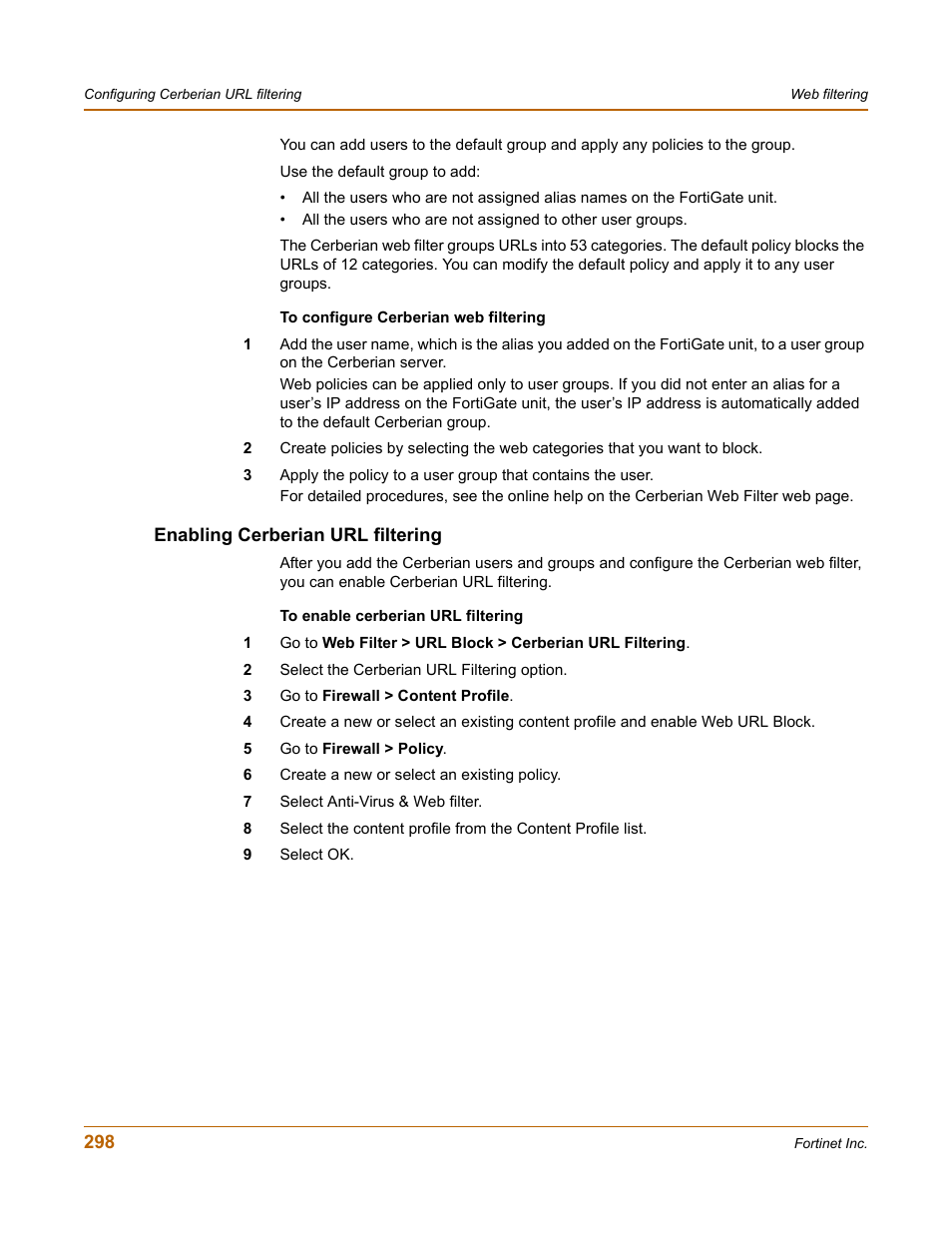 Enabling cerberian url filtering | Fortinet FortiGate-800 User Manual | Page 298 / 336