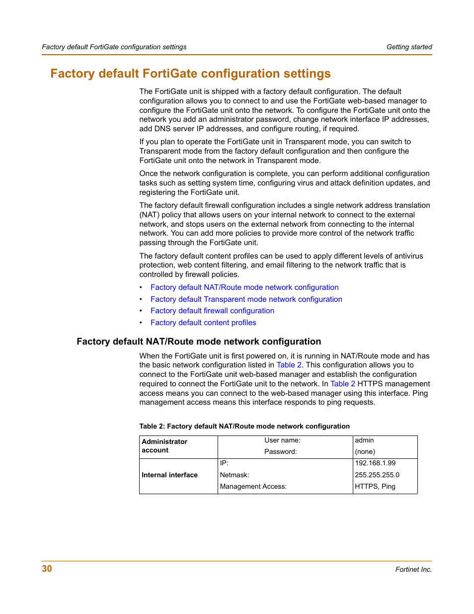 Factory default fortigate configuration settings | Fortinet FortiGate-800 User Manual | Page 30 / 336