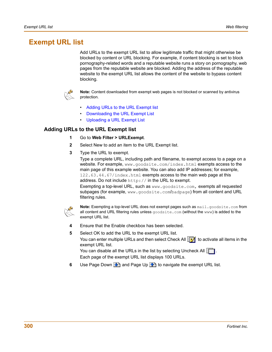 Exempt url list, Adding urls to the url exempt list, Ing. see | Exempt | Fortinet FortiGate-800 User Manual | Page 300 / 336