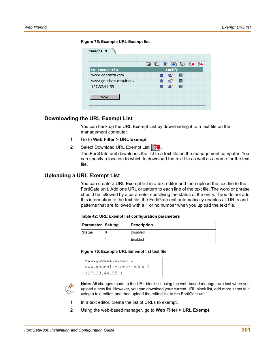 Downloading the url exempt list, Uploading a url exempt list | Fortinet FortiGate-800 User Manual | Page 301 / 336