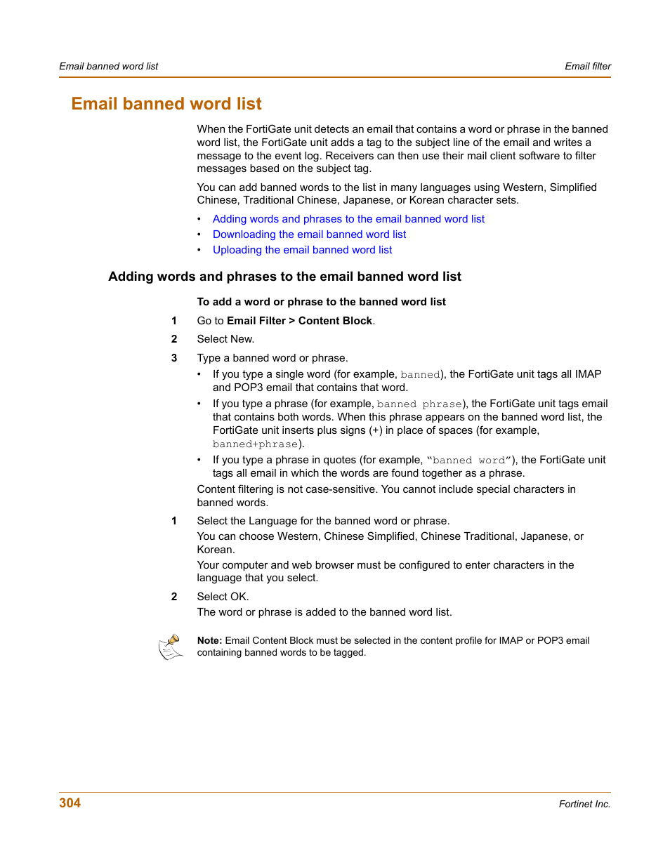 Email banned word list | Fortinet FortiGate-800 User Manual | Page 304 / 336