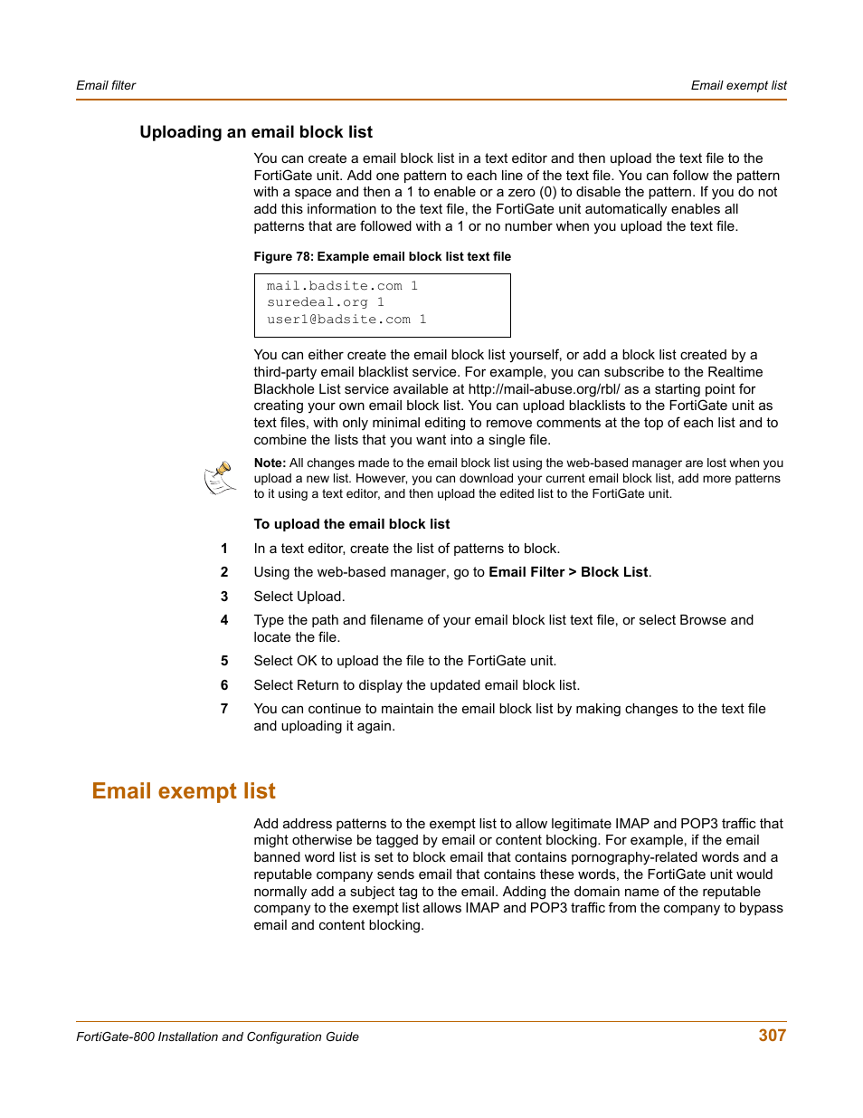 Uploading an email block list, Email exempt list, Email | Fortinet FortiGate-800 User Manual | Page 307 / 336