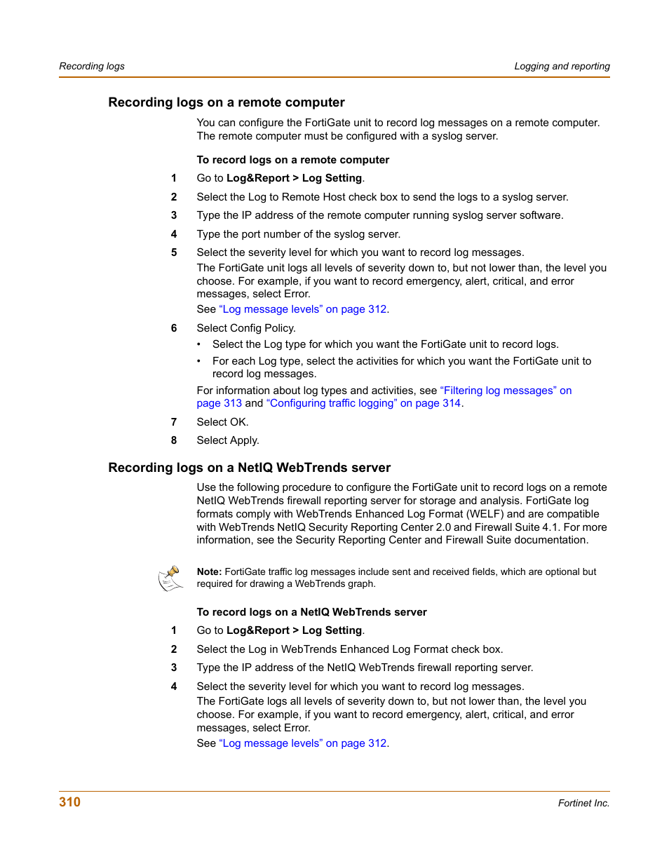 Recording logs on a remote computer, Recording logs on a netiq webtrends server | Fortinet FortiGate-800 User Manual | Page 310 / 336