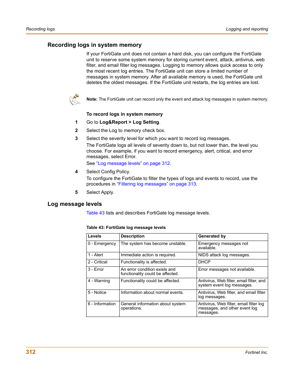 Recording logs in system memory, Log message levels, Recording logs in system memory log message levels | Fortinet FortiGate-800 User Manual | Page 312 / 336