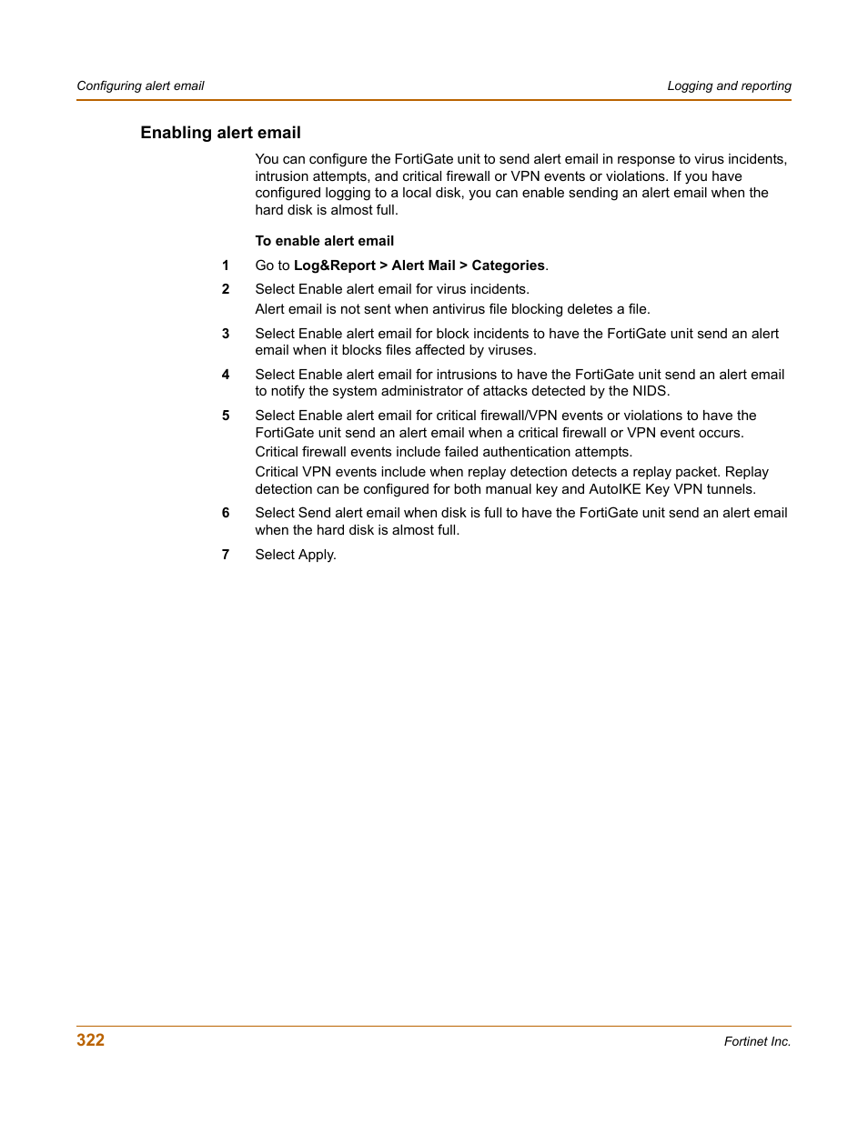 Enabling alert email | Fortinet FortiGate-800 User Manual | Page 322 / 336