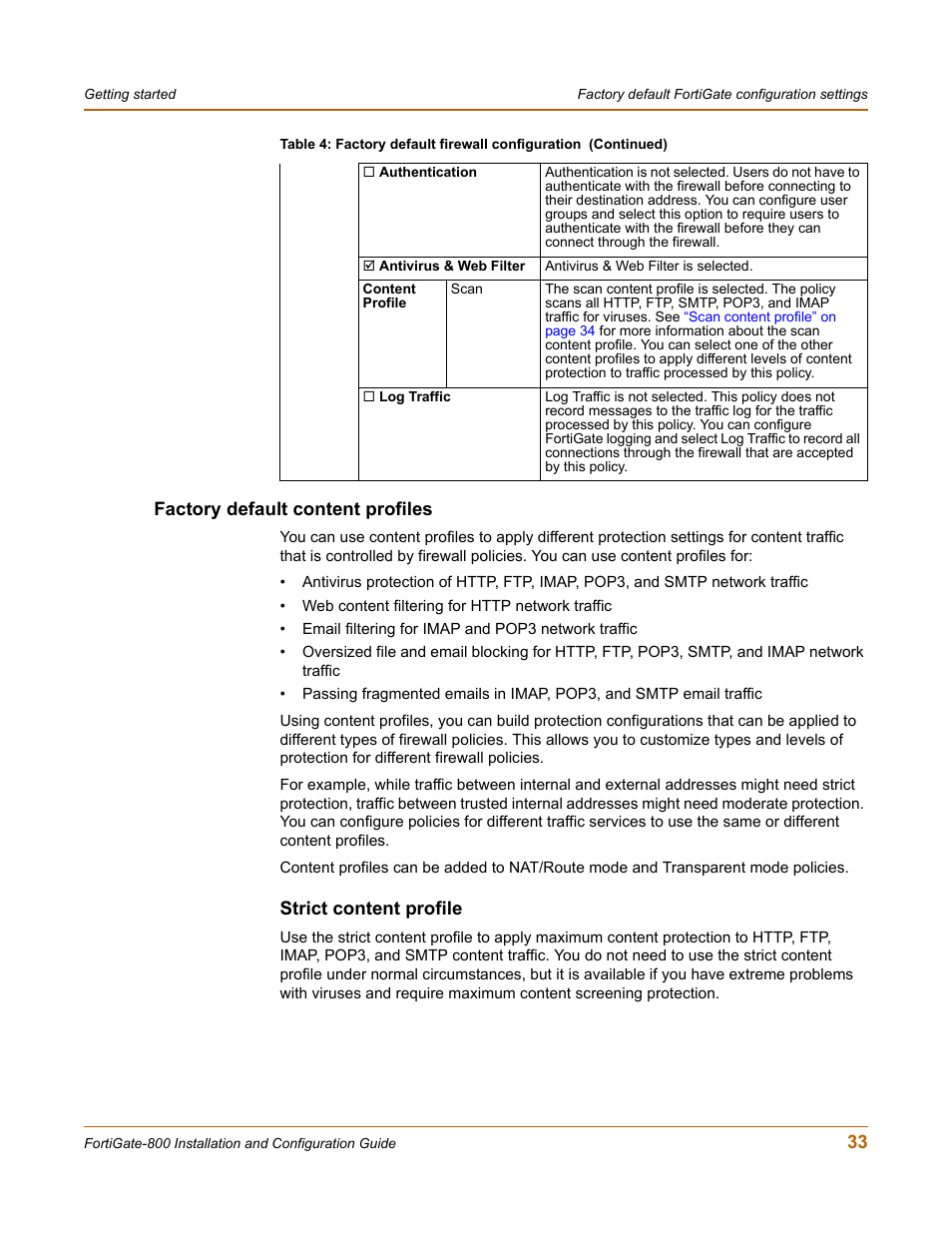 Factory default content profiles, Strict content profile, 33 factory default content profiles | Fortinet FortiGate-800 User Manual | Page 33 / 336