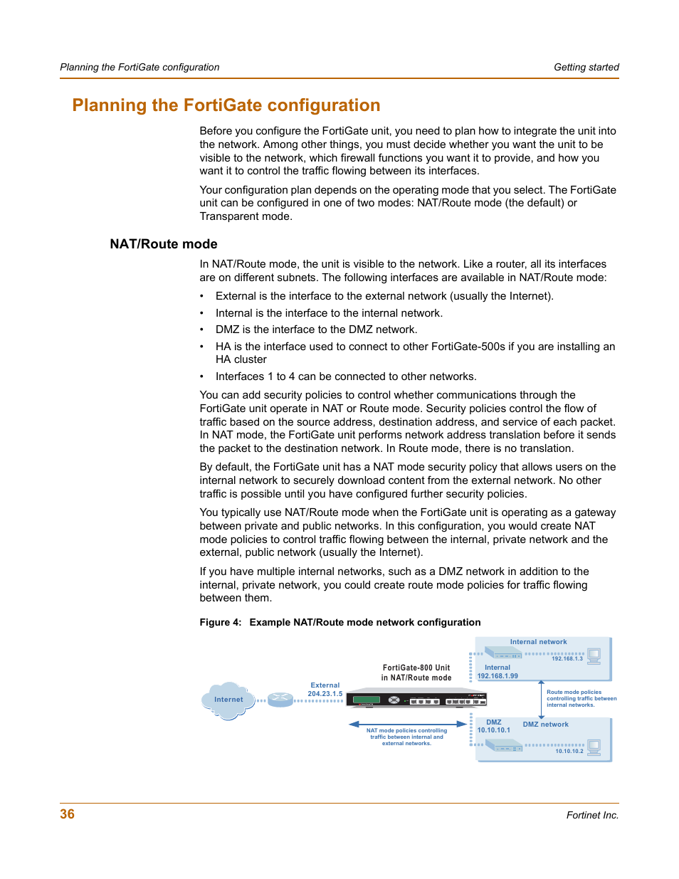 Planning the fortigate configuration, Nat/route mode | Fortinet FortiGate-800 User Manual | Page 36 / 336