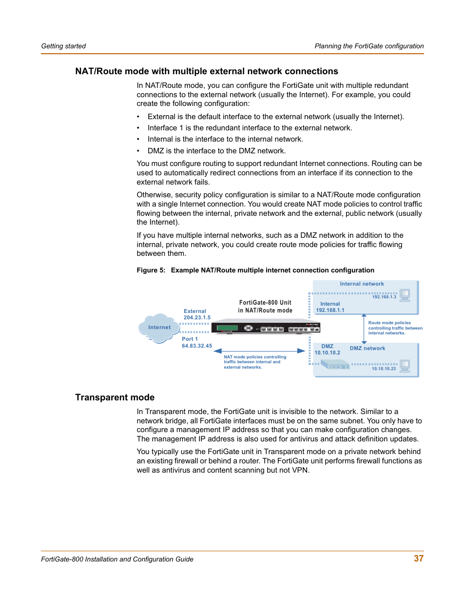 Transparent mode | Fortinet FortiGate-800 User Manual | Page 37 / 336