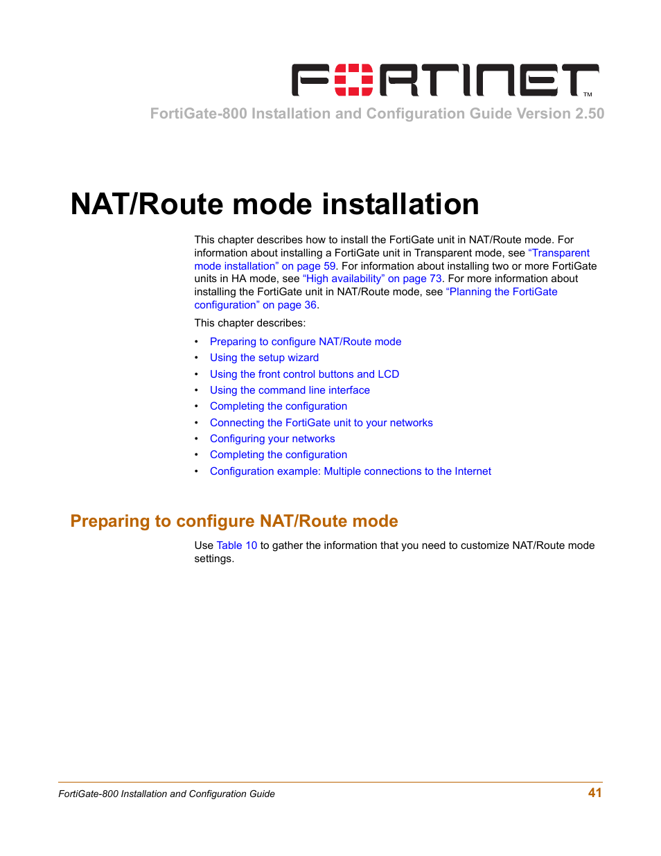 Nat/route mode installation, Preparing to configure nat/route mode | Fortinet FortiGate-800 User Manual | Page 41 / 336