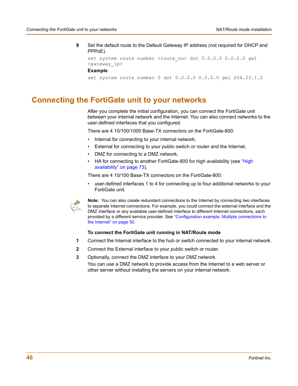 Connecting the fortigate unit to your networks | Fortinet FortiGate-800 User Manual | Page 46 / 336