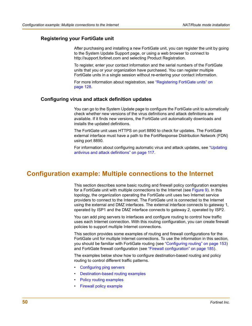 Registering your fortigate unit, Configuring virus and attack definition updates, Configuration example: multiple connections to | Fortinet FortiGate-800 User Manual | Page 50 / 336