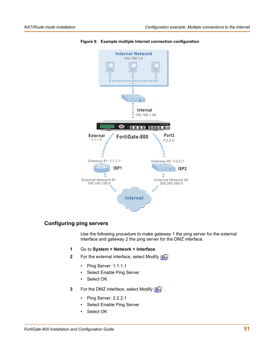 Configuring ping servers, Fortigate-800 | Fortinet FortiGate-800 User Manual | Page 51 / 336