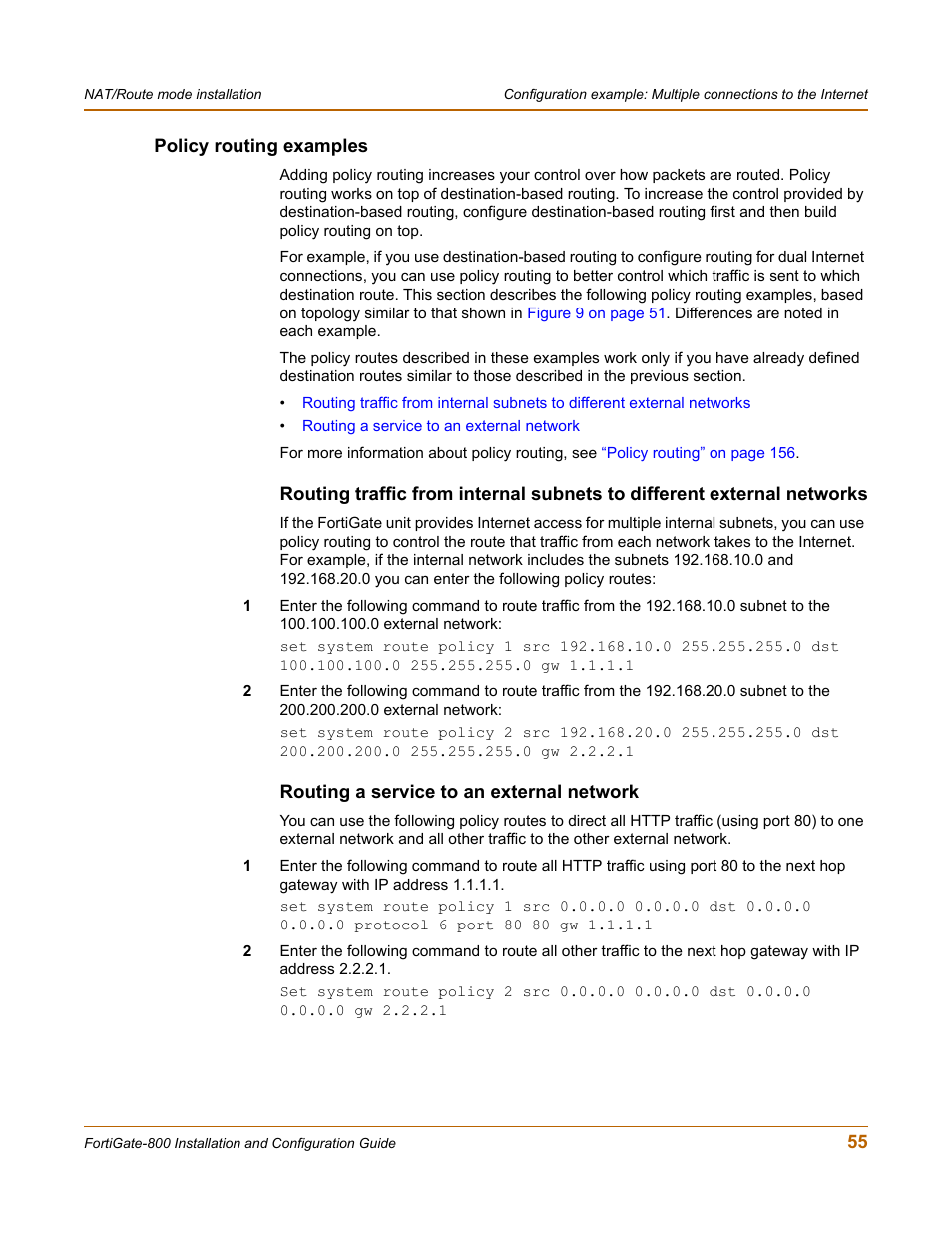 Policy routing examples, Routing a service to an external network | Fortinet FortiGate-800 User Manual | Page 55 / 336