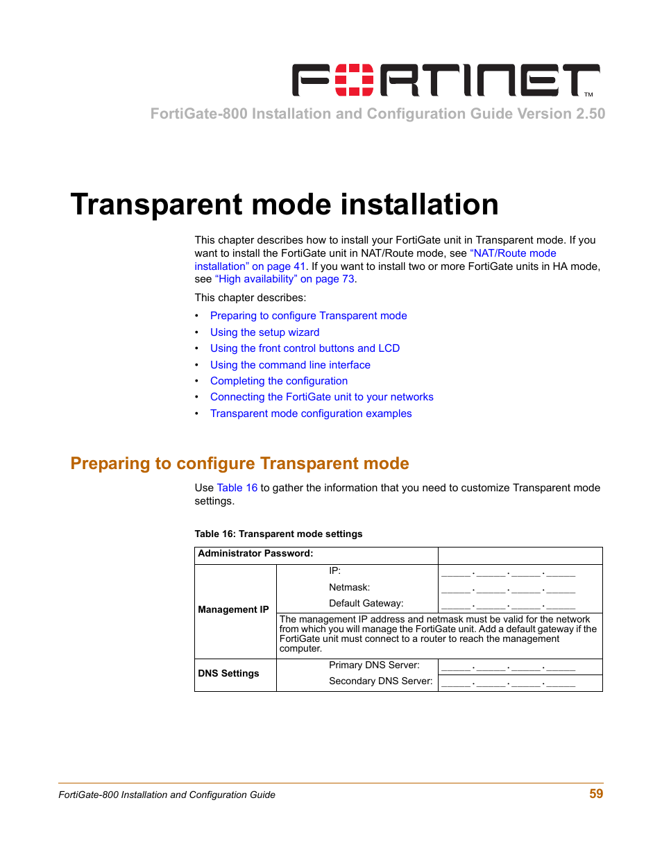 Transparent mode installation, Preparing to configure transparent mode, Transparent | For information about | Fortinet FortiGate-800 User Manual | Page 59 / 336