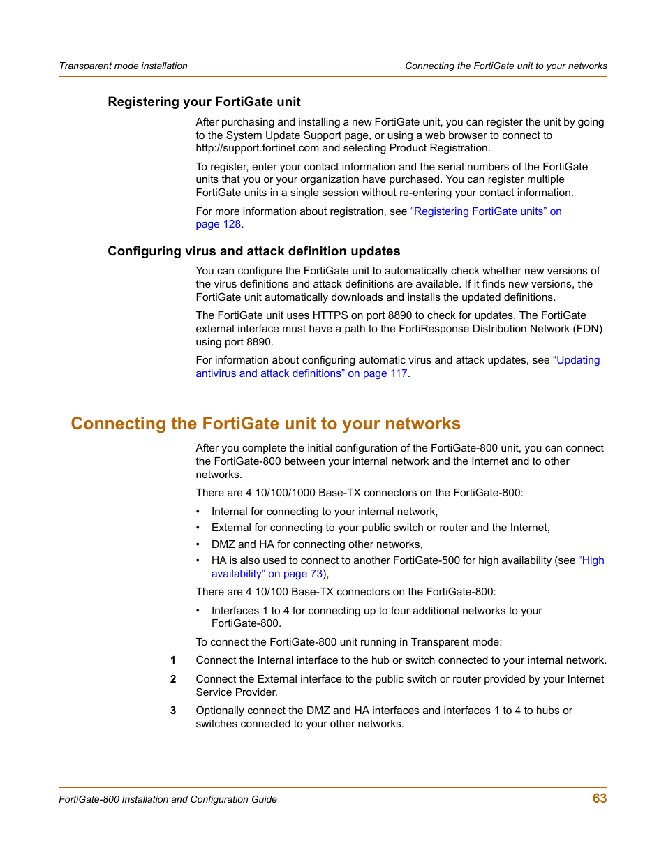 Registering your fortigate unit, Configuring virus and attack definition updates, Connecting the fortigate unit to your networks | Fortinet FortiGate-800 User Manual | Page 63 / 336