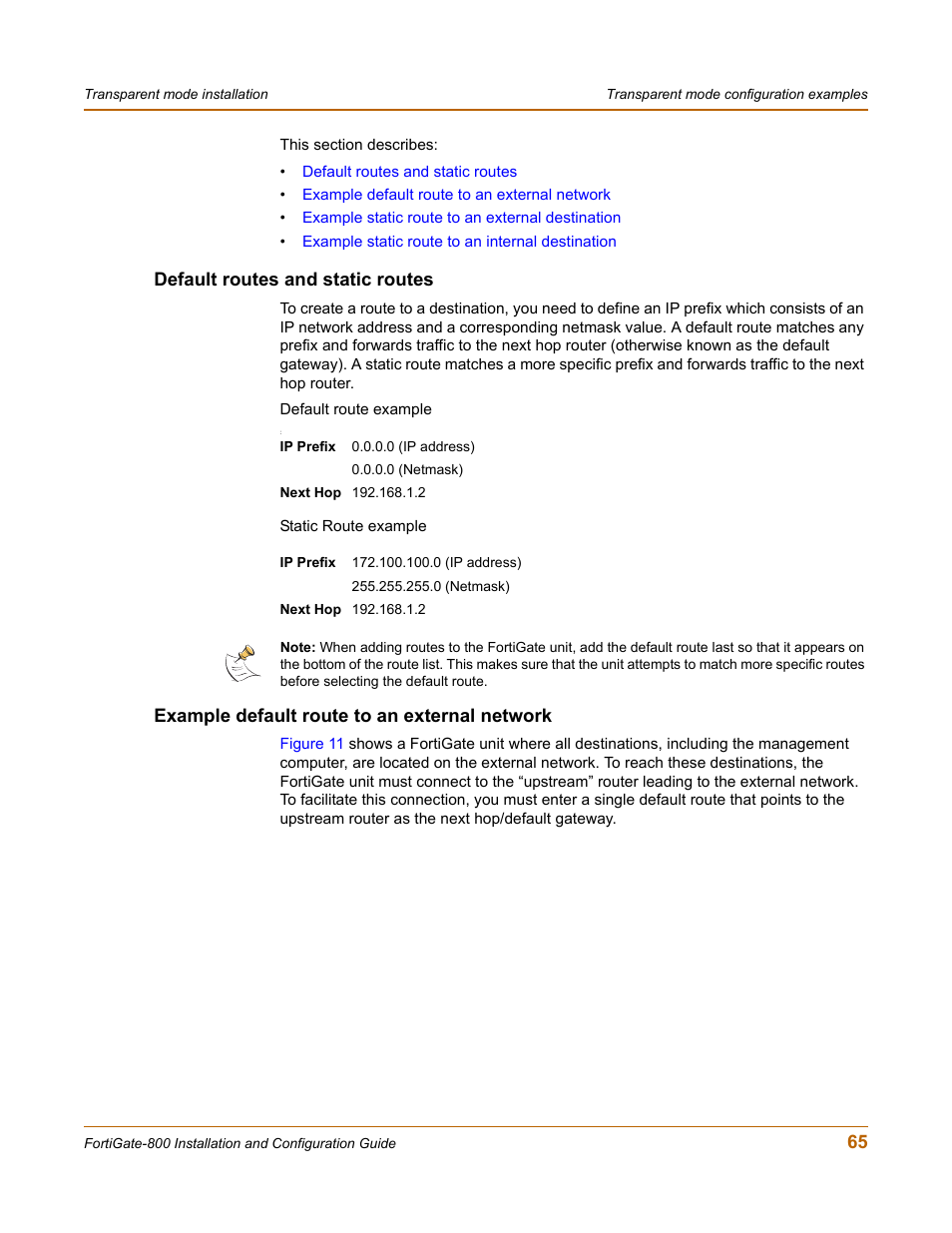 Default routes and static routes, Example default route to an external network | Fortinet FortiGate-800 User Manual | Page 65 / 336