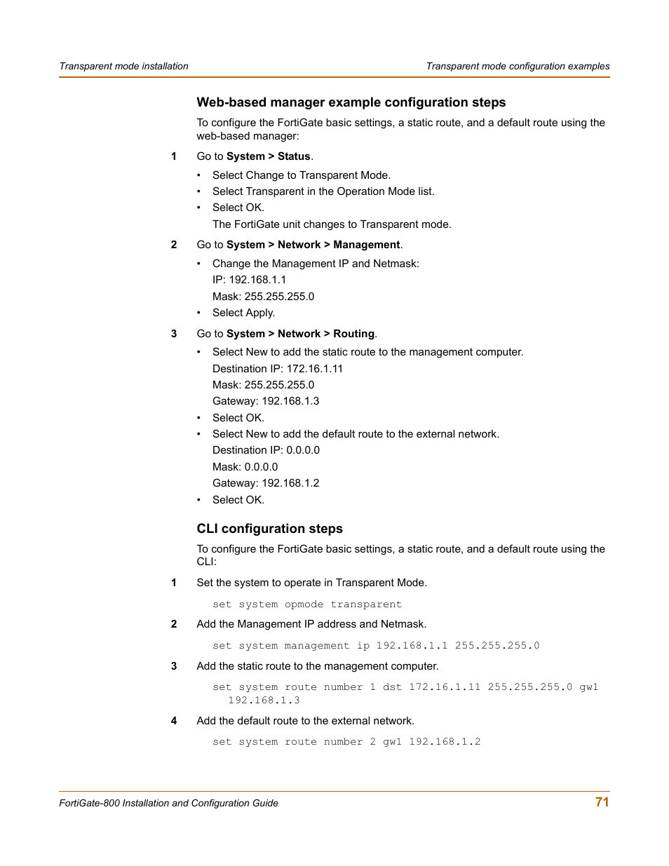 Web-based manager example configuration steps, Cli configuration steps | Fortinet FortiGate-800 User Manual | Page 71 / 336