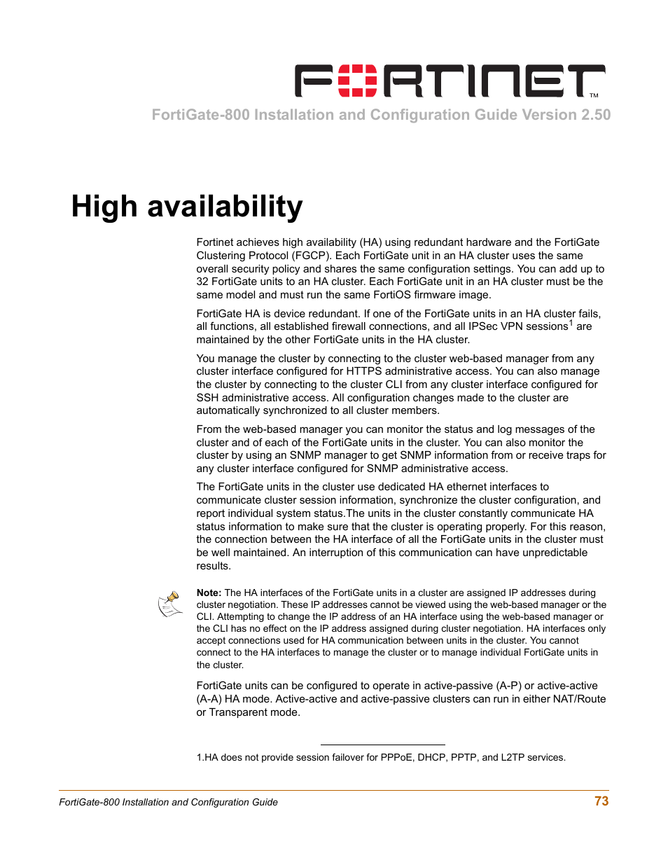 High availability, High, Mode, see | Fortinet FortiGate-800 User Manual | Page 73 / 336