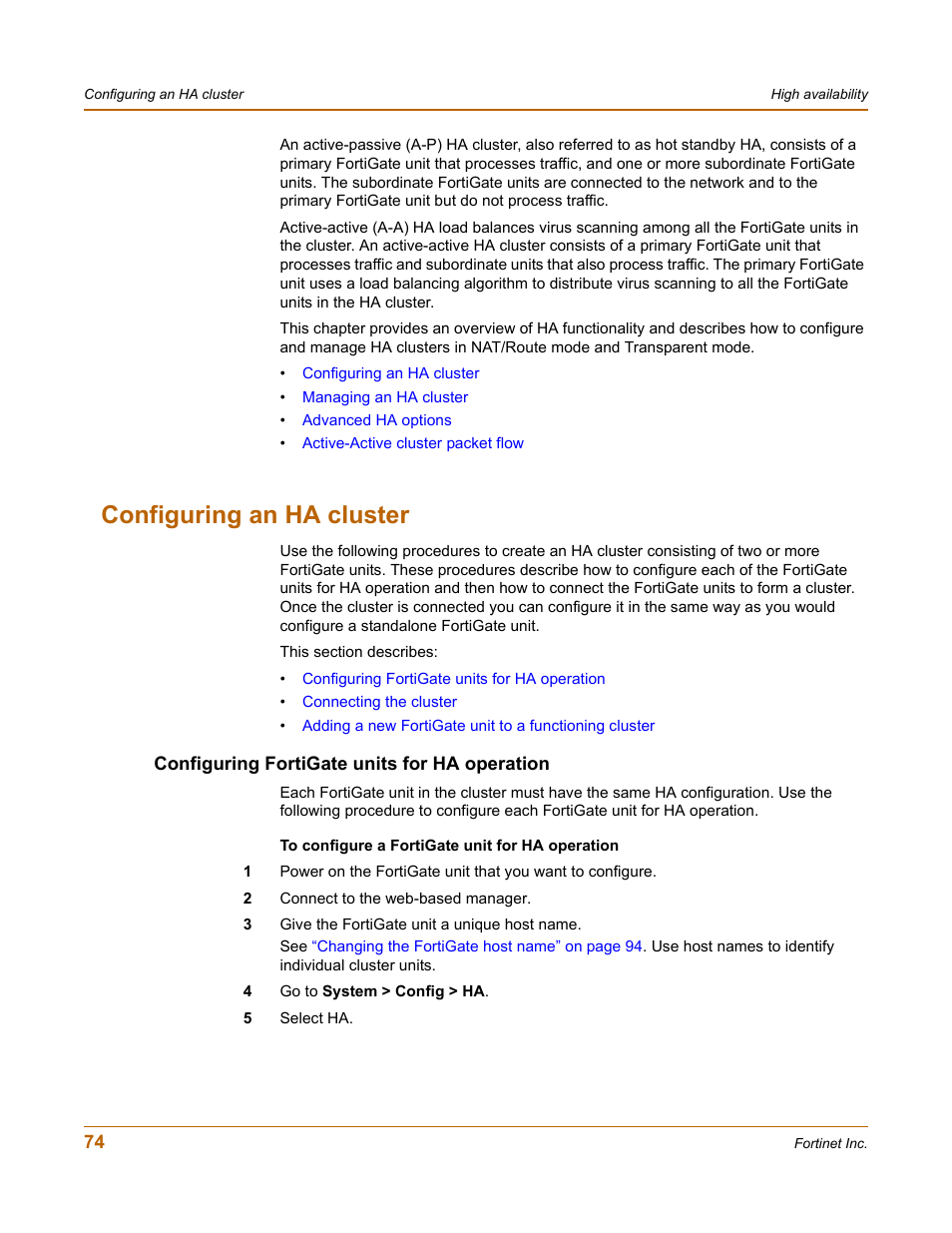 Configuring an ha cluster, Configuring fortigate units for ha operation | Fortinet FortiGate-800 User Manual | Page 74 / 336