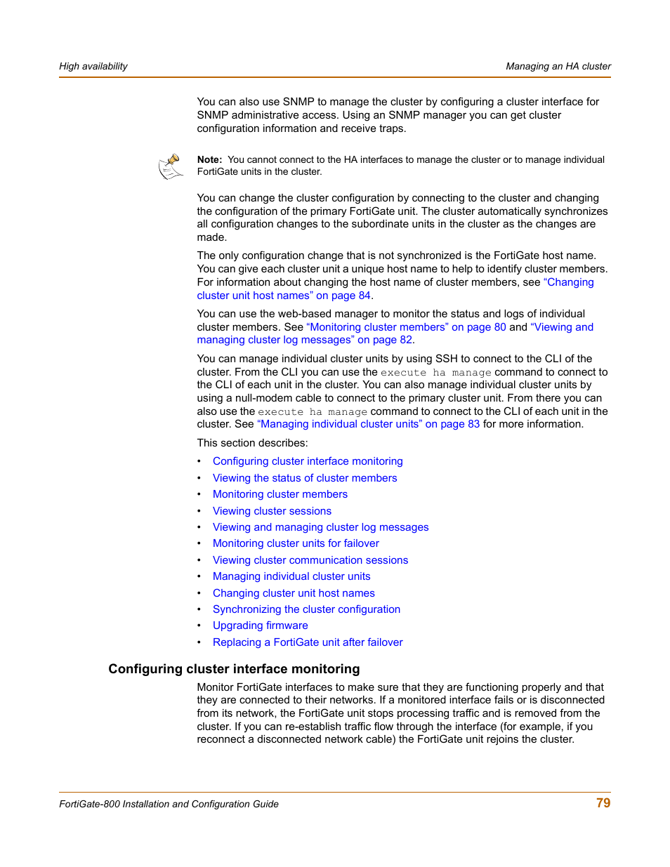 Configuring cluster interface monitoring | Fortinet FortiGate-800 User Manual | Page 79 / 336