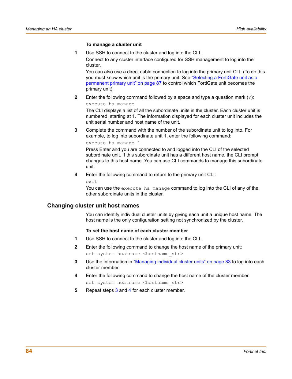 Changing cluster unit host names, Changing | Fortinet FortiGate-800 User Manual | Page 84 / 336