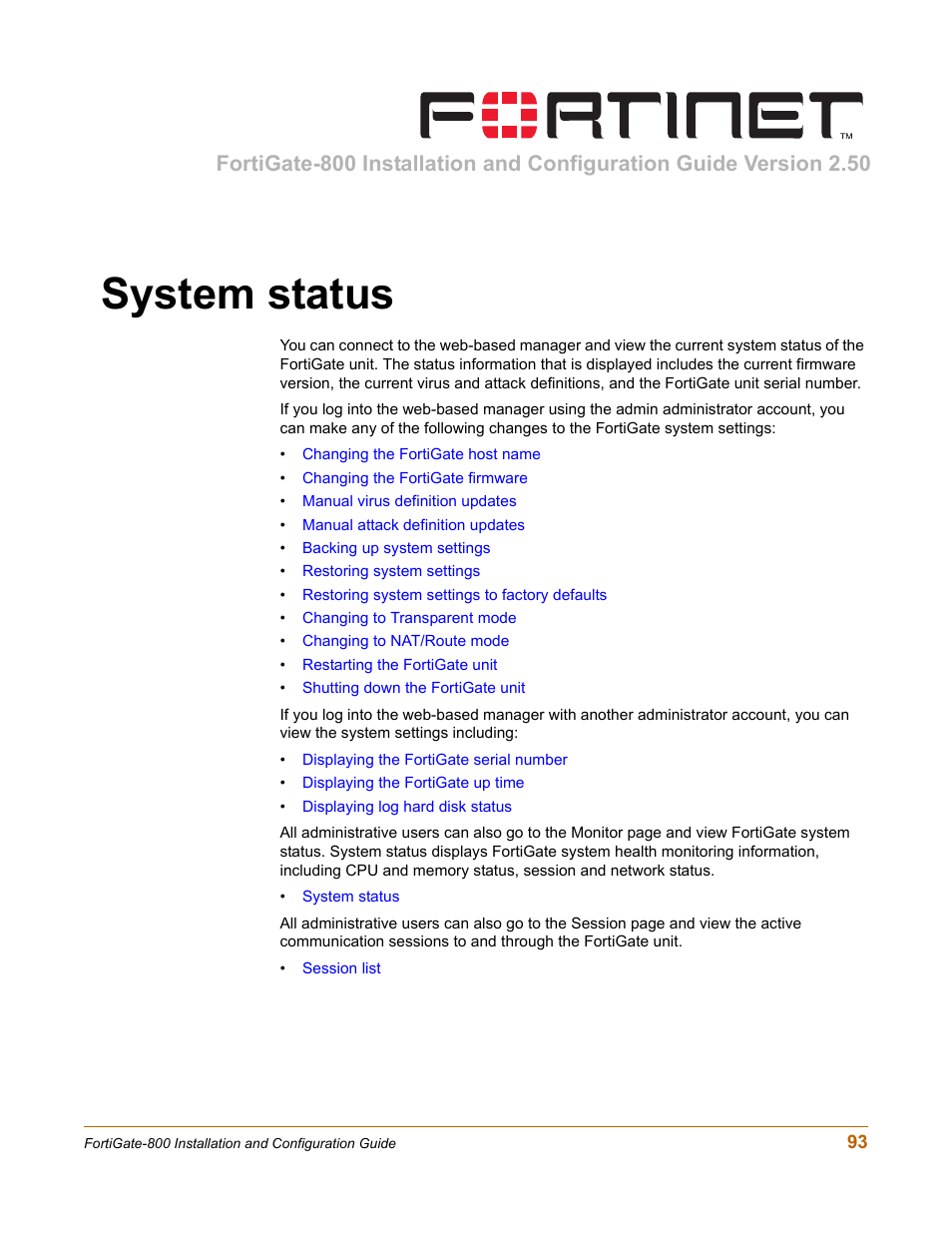 System status | Fortinet FortiGate-800 User Manual | Page 93 / 336