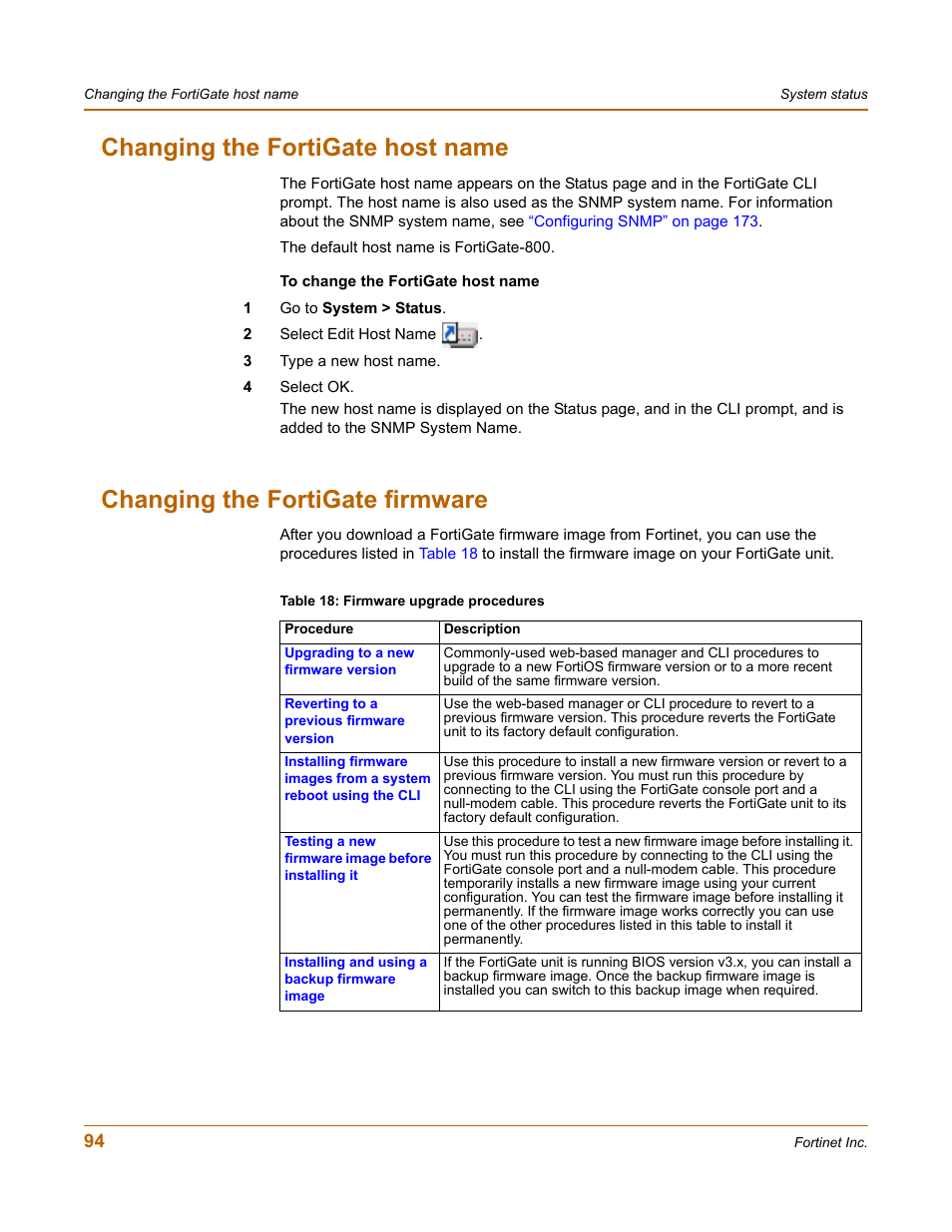 Changing the fortigate host name, Changing the fortigate firmware, Changing the | Fortinet FortiGate-800 User Manual | Page 94 / 336