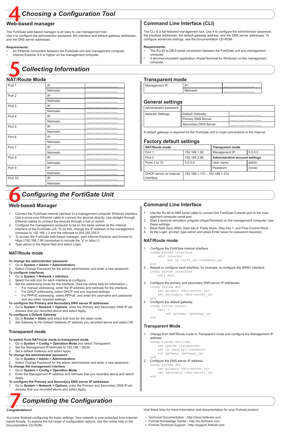 Completing the configuration, Collecting information, Configuring the fortigate unit | Choosing a configuration tool, Nat/route mode, Transparent mode, General settings, Factory default settings, Web-based manager, Command line interface | Fortinet FortiGate 3600A User Manual | Page 2 / 2