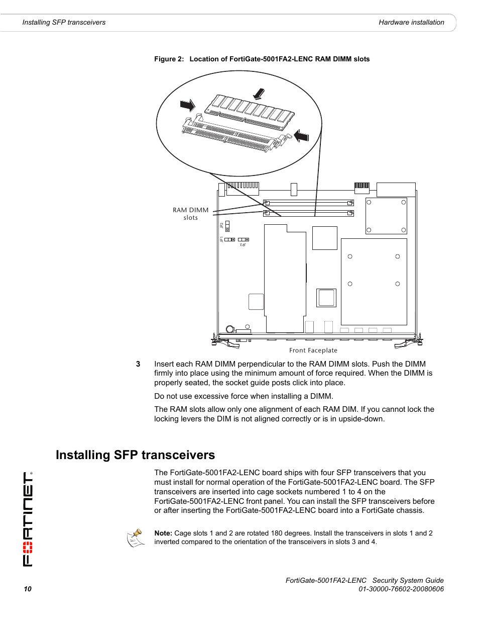 Installing sfp transceivers, Installing sfp transceivers” on, Installing | Fortinet FortiGate 5001FA2-LENC User Manual | Page 10 / 34