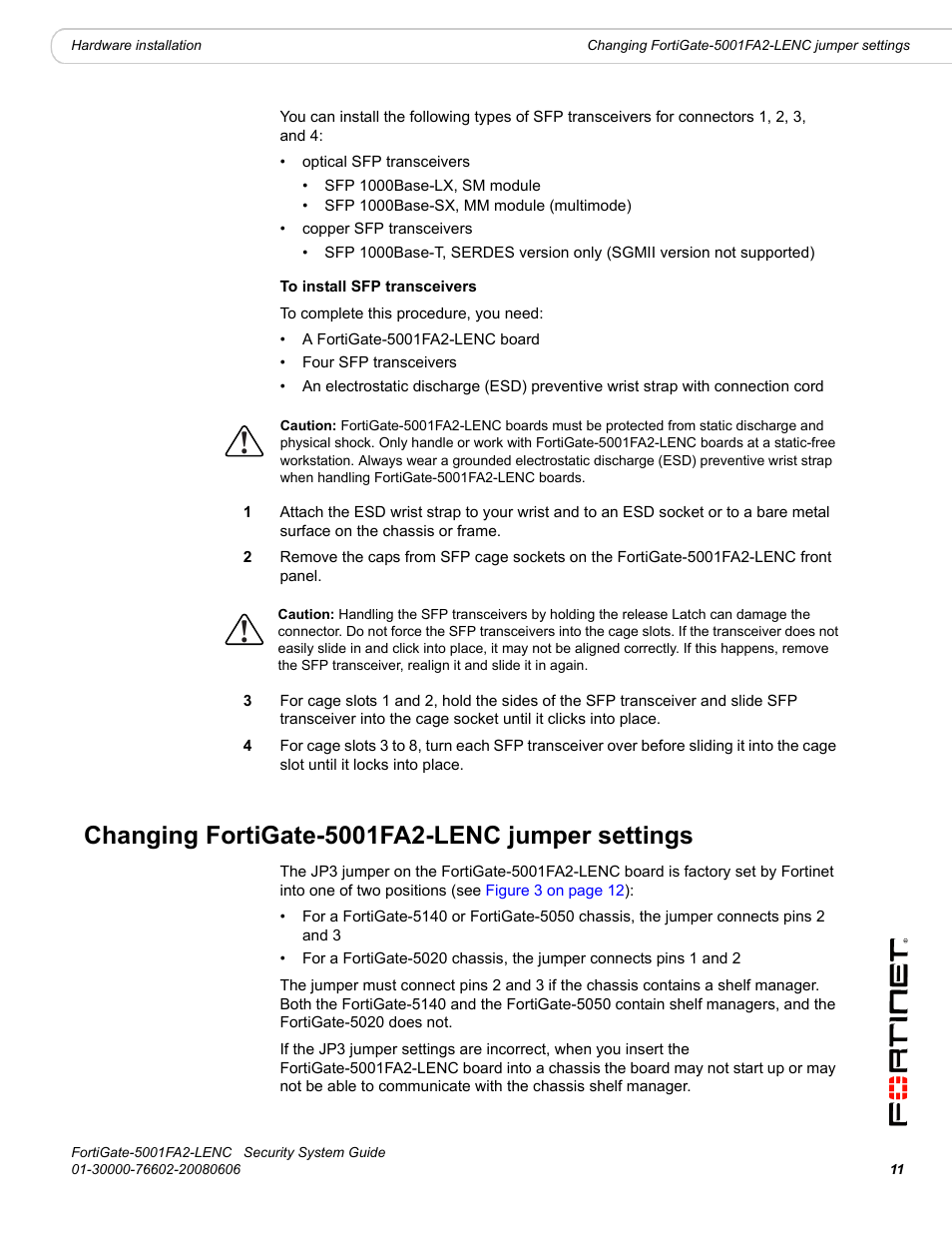 Changing fortigate-5001fa2-lenc jumper settings | Fortinet FortiGate 5001FA2-LENC User Manual | Page 11 / 34